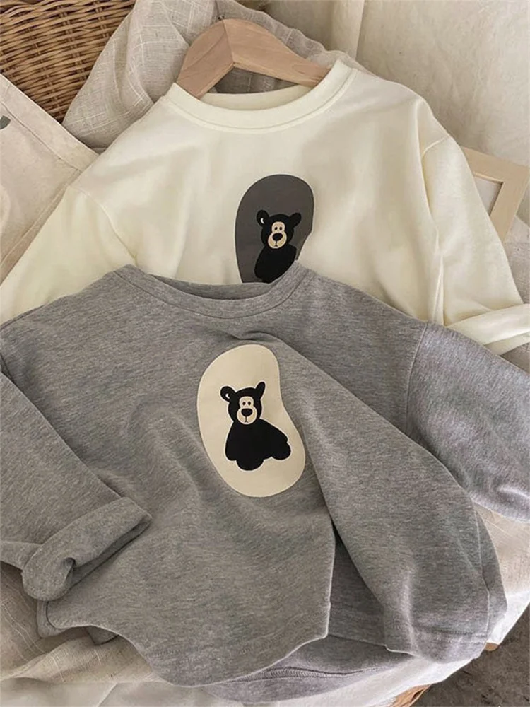 Camiseta de Algodão Coreana Estilo Desenho Animado Manga Longa para Meninos e Meninas Primavera Outono Nova Moda Menina Pequena 100% Algodão...