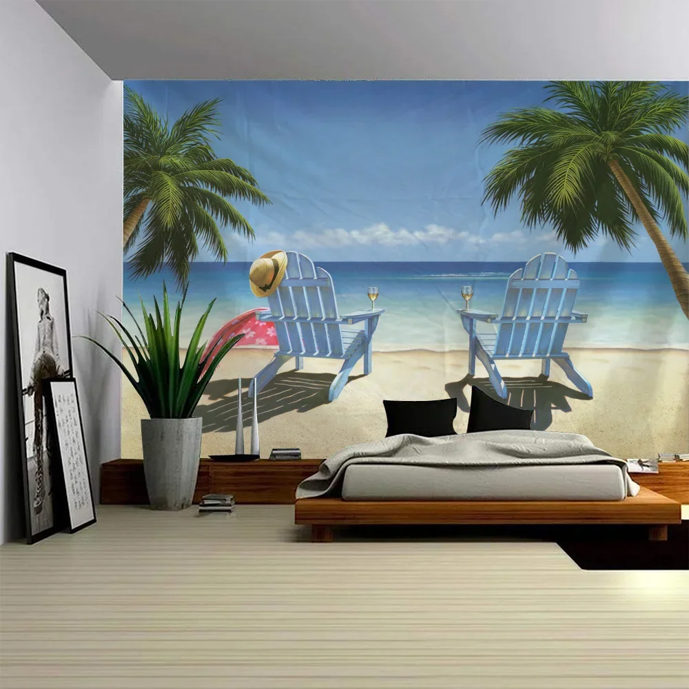Coconut Grove Beach Tapestry Sea Starry Sky Oil Painting Wall Hanging Bohemian Home Decoration Fabric Mural Background Poster