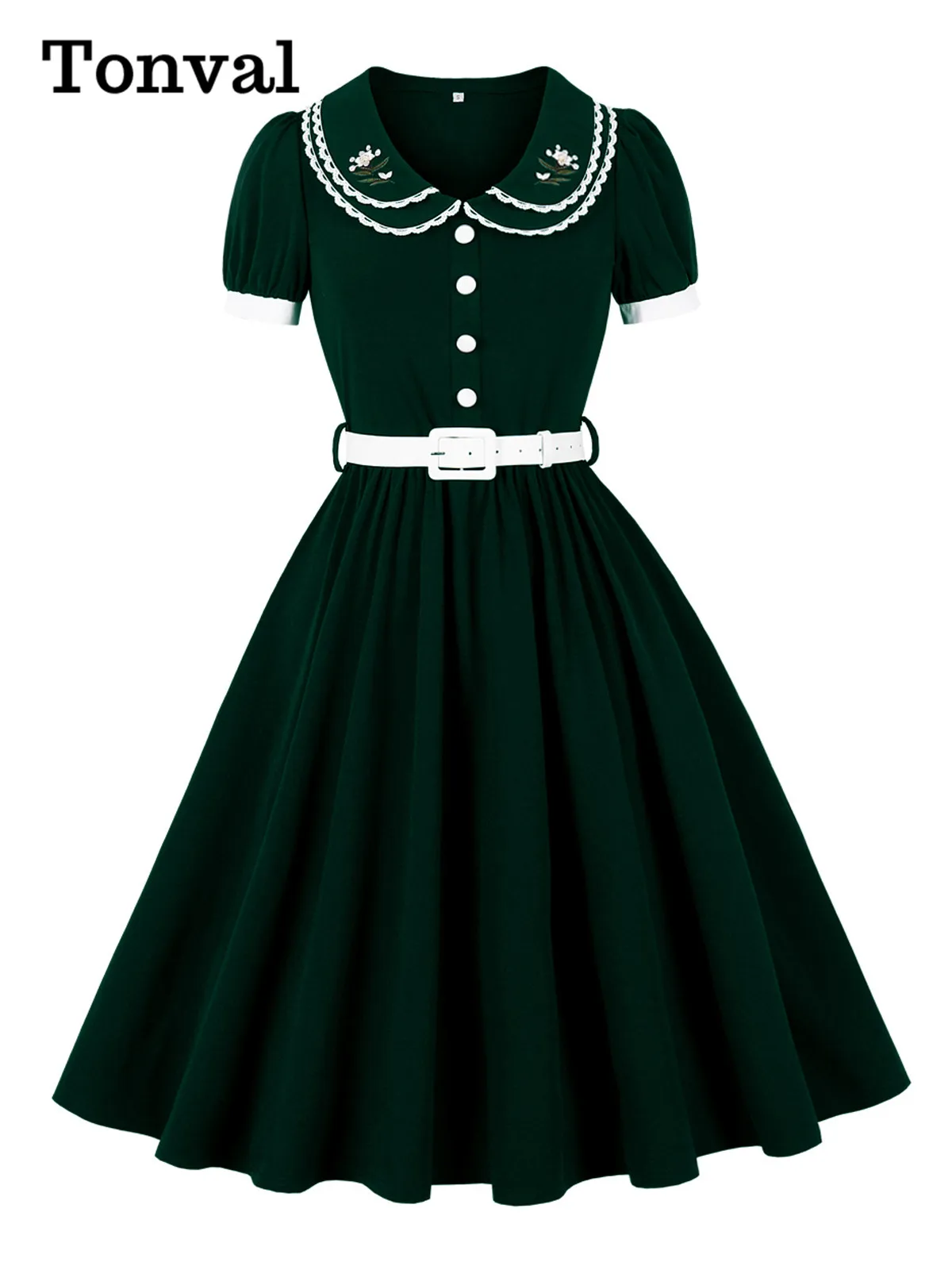 Tonval Lace Trim Embroidered Peter Pan Collar Vintage 1950s Party Clothes for Women Buttons Front Belted Midi Swing Dresses