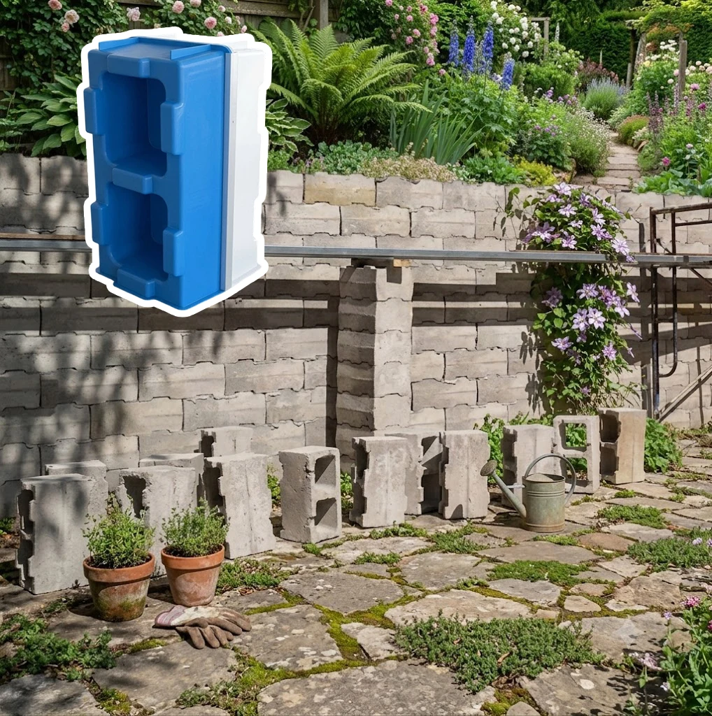 Hollow concrete interlocking block mold, durable plastic concrete wall structure, building bricks, garden, villa decoration