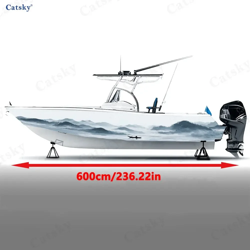 White Space Mountain & Fisherman Boat Stickers, PVC Waterproof Vinyl Wrap Decals for Fishing Boats, Durable and Stylish Design