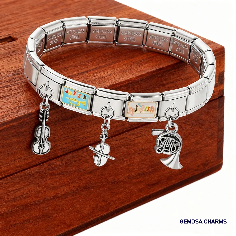 GEMOSA Silber Farbe Musikinstrument Serie Italienischer Charm Anhänger Link fit 9mm Edelstahl Herstellung DIY Armband Schmuck – Detail 4