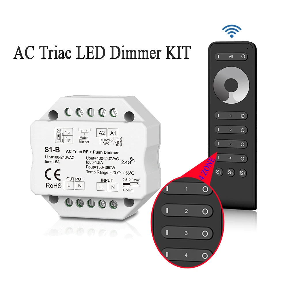 Zestaw ściemniaczy LED AC Triac z wycięciem fazowym RF ściemniacz 1CH 220V 230V z przyciemnianiem Push 4 strefowe koło dotykowe 2.4G zdalne