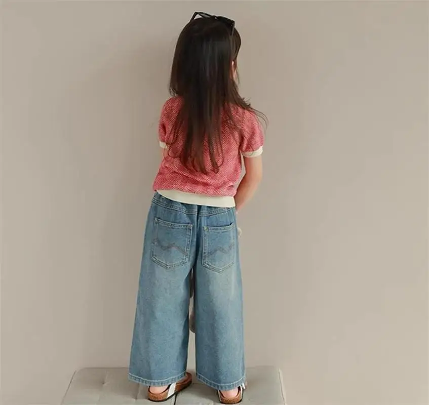 Girl Clothes Kids Clothing Summer Baggy Multi-pocket Elastic-waisted Jeans Wide-leg Pants Girls Pants For 3-7 Years