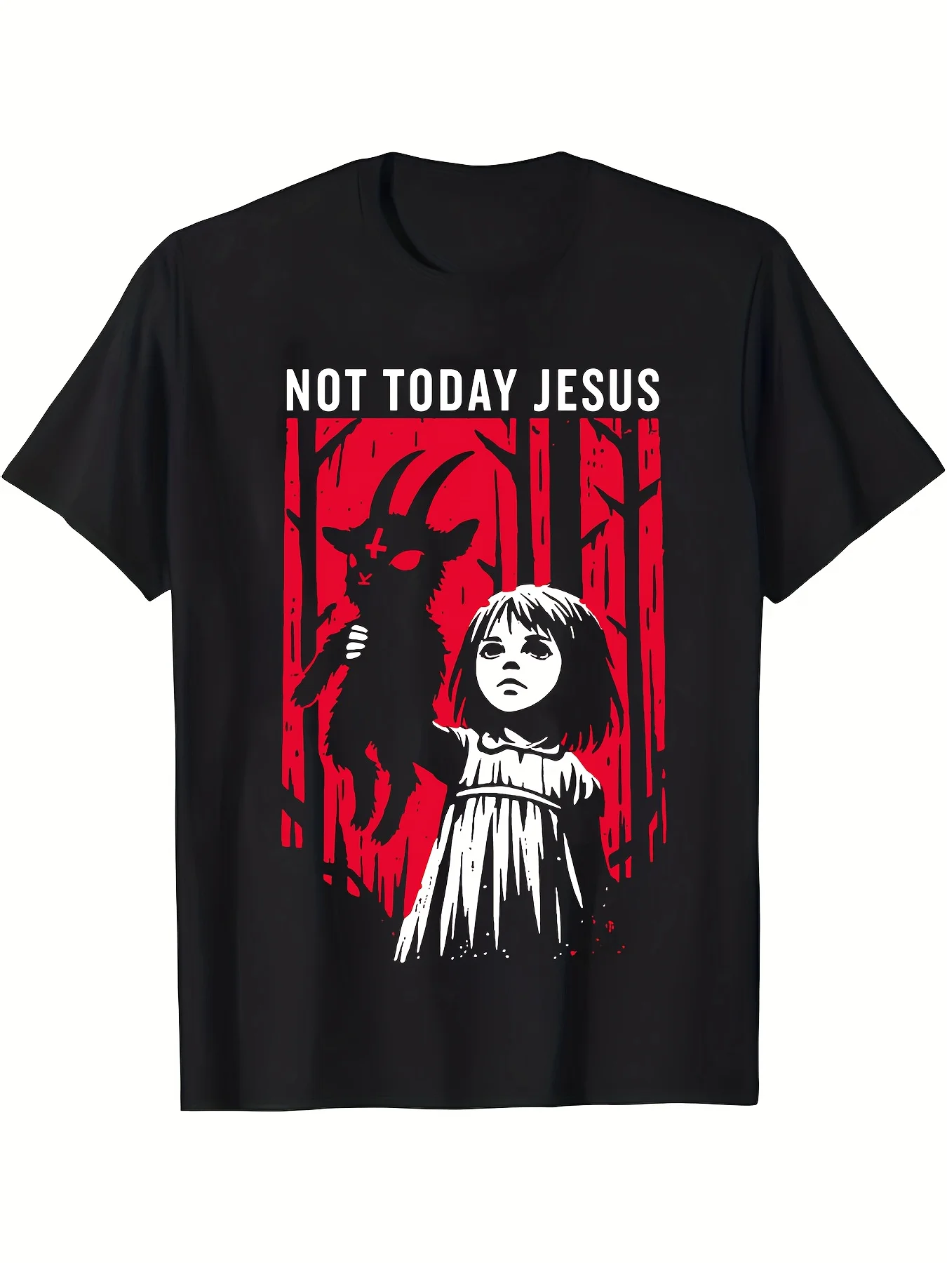 Camiseta gráfica gótica para hombre - "No hoy Jesús" con estampado rojo desgastado Camiseta informal con cuello redondo para uso al aire libre y familiar Gothi