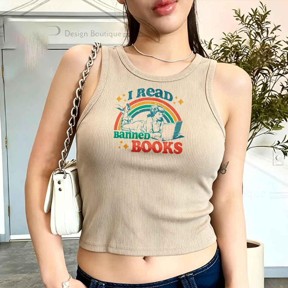 Винтажный укороченный топ-майка Y2K с принтом «Rainbow Star I Read Banned Books» для любителей книг, в рубчик, облегающий, женский