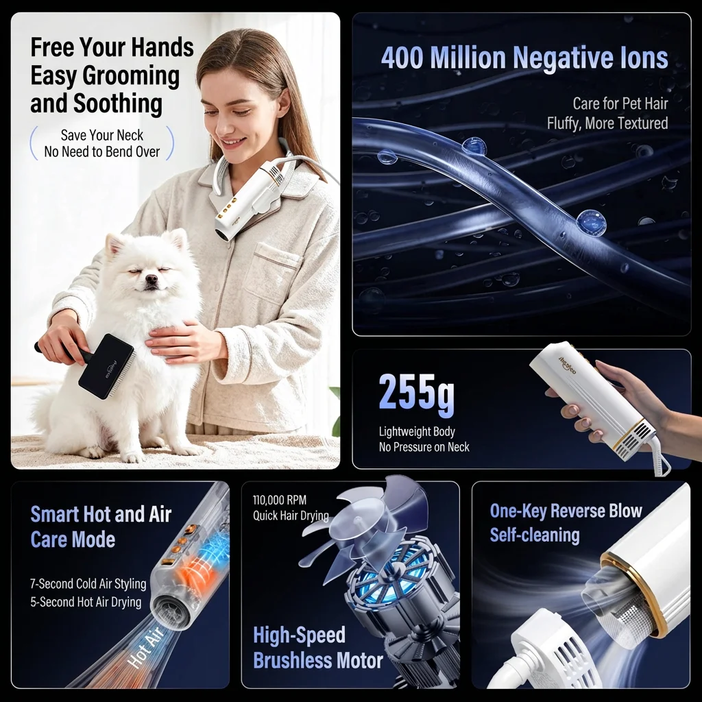 Shernbao ND01 Convenient Chargeable Pet Dog & Cat & Small Animal Grooming Hair Dryer Anion Neck Hanging Design Free Your Hands