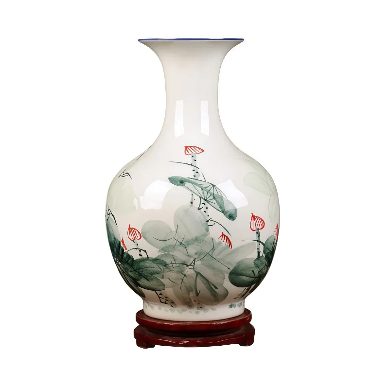 Hand-painted lotus flower ceramic vase Jingdezhen new Chinese ceramic vase flower arrangement, living room office entrance ornam