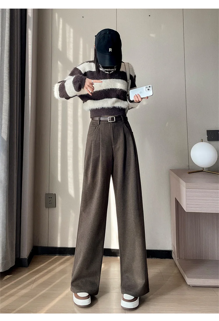 2023 Autumn and Winter New Wool Blended Wide-Leg Pants Straight Mopping Pants High Waist Slim Lengthened Casual Pants for Women
