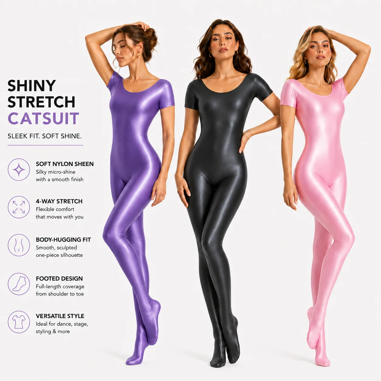 Image of Damen Glänzender Nylon-Spandex Ganzkörperanzug Kurzarm Catsuit mit Füßen Dehnbarer Unitard für Tanz Bühnenauftritte