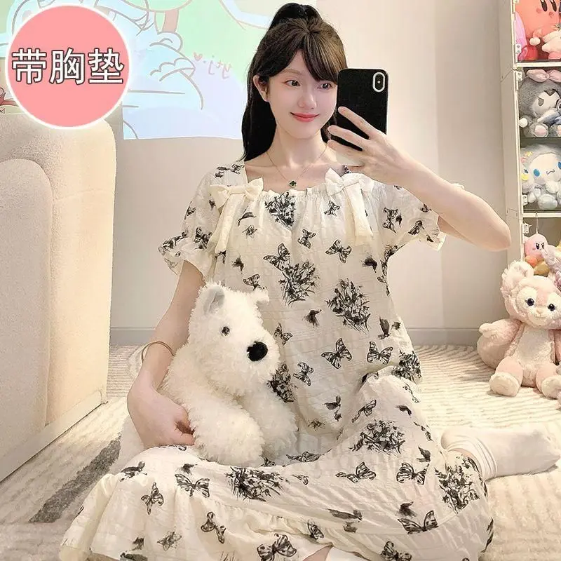 

2026 Summer Short Sleeve Cute Lace Cotton Nightgowns for Women Korean Loose Sleepwear Night Dress Nightdress Ladies Home Nighty