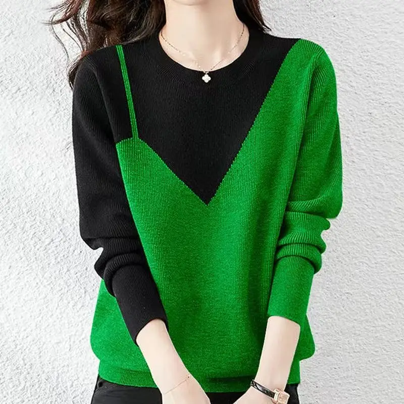 Fashion Autumn Winter Round Neck Patchwork Sweaters Female Long Sleeve Korean Loose Chic Contrasting Colors Knitted Jumpers