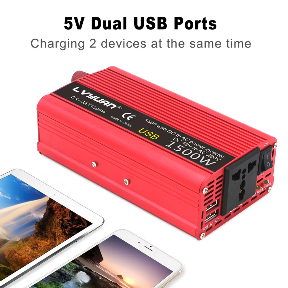 1500W/2000W/2600W DC12V/24V to AC220V Power Inverter Modified Sine Wave Car Charge Converter 50Hz/60Hz Dual USB Universal Socket