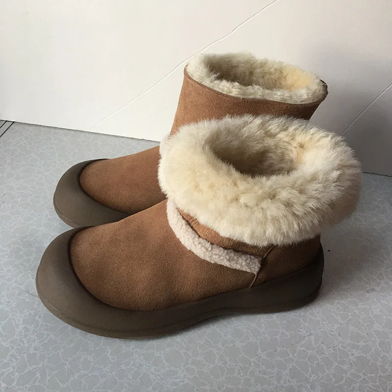 

Khaki Women's Fur Snow Boots Round Toe Wool Warm Winter Short Booties Thick Sole Retro Low Heeled Female Shoes Phoentin FT4288