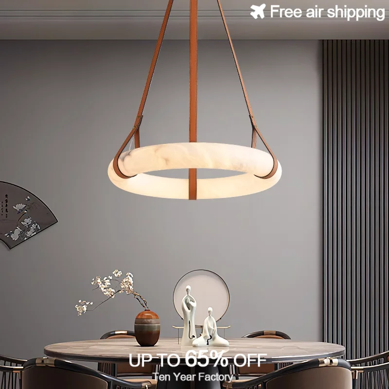 Minimalist Contemporary Circle Marble Brown Belt Hanging Chandelier Pendant Lamp for Living Room Home Decor Lighting