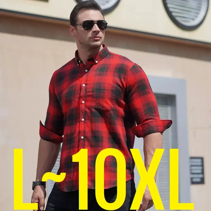 Men\'s Oversize Plaid Shirt Husband Button Up Red Men Casual Long Sleeve Classic Vintage Plus Size Clothing Large 10XL Shirt Male