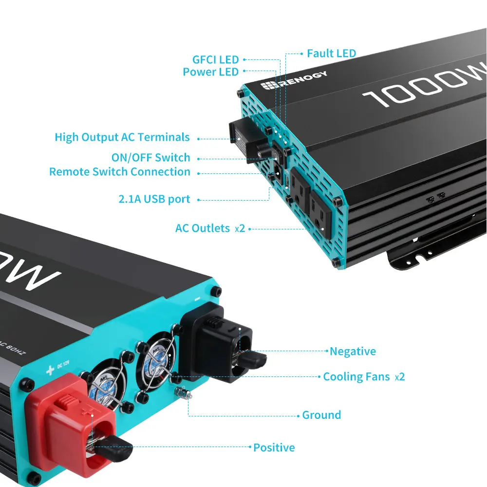 Renogy 1000W Pure Sine Wave Inverter 12V DC to 120V AC Converter for Home, RV, Truck