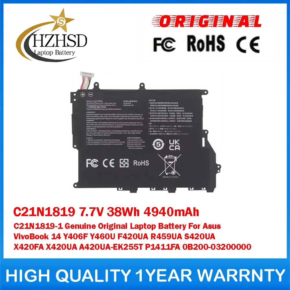 

C21N1819 7.7V 38Wh 4940mAh C21N1819-1 Оригинальная батарея для ноутбука Asus VivoBook 14 F420UA R459UA S420UA X420UA P1411FA