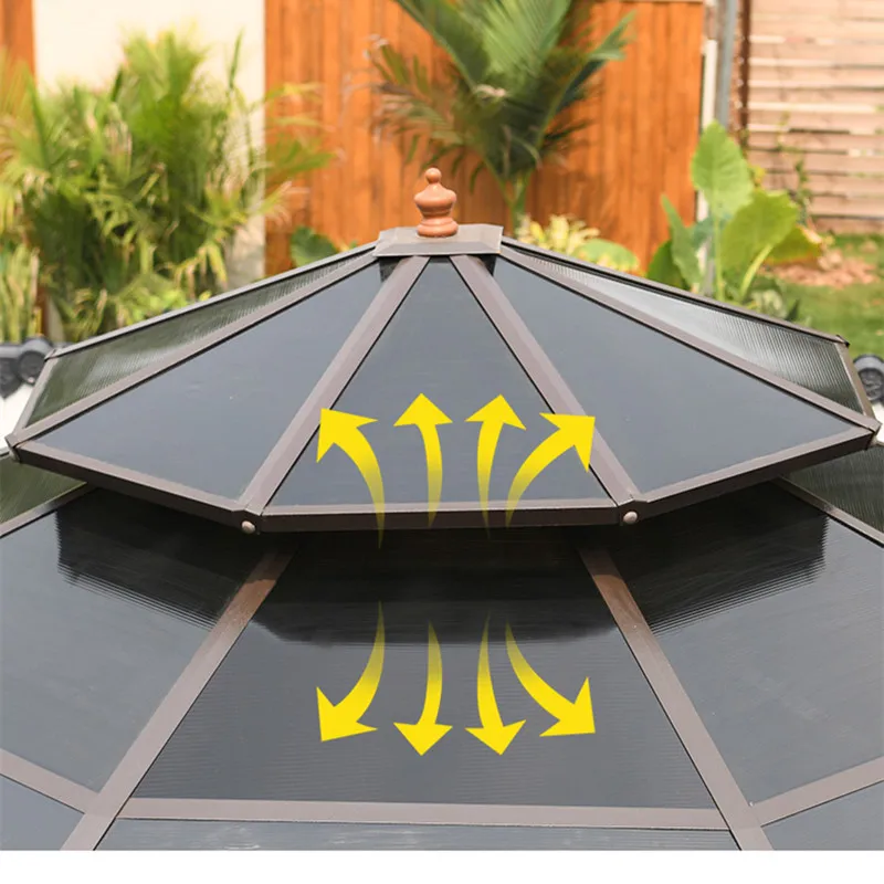 Dia 3.5meter Octagonal Pavilion Outdoor Gazebo Patio pergola Galvanized steel PC Hardtop Sun Room Carage Shelter dark brown New