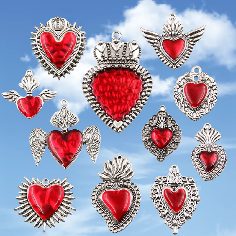 5pcs/lot 11 styles Red Enamel Catholic Virgin Mary Sacred Heart Alloy Pendant DIY Charms Necklace Earrings Jewelry Making A15