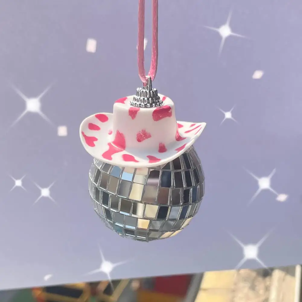 Car Pendant Car Mirror Hanging Ornament Sparkling Pink Cow Print Disco Ball Car Mirror Ornament with Long Lanyard Stylish Car