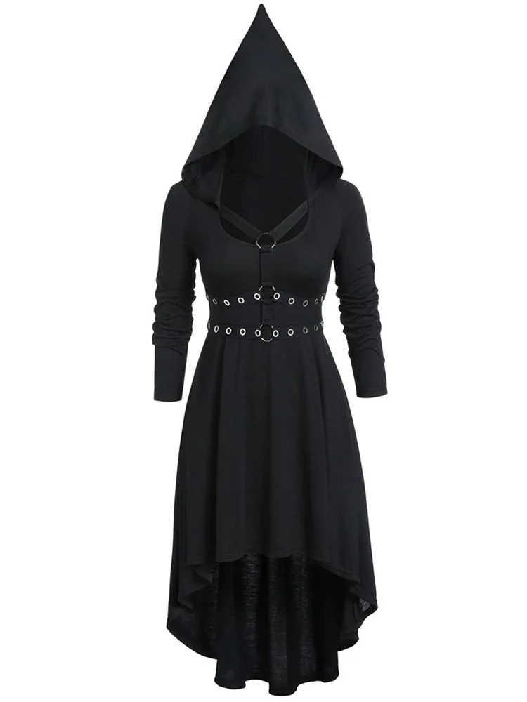 

Gothic Dark Punk Black Medieval Hooded Dress Harajuku Vintage Irregular Women Slim Pointed Hat Corns Cross Tie Long Sleeve Dress