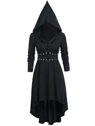 Gothic Dark Punk Black Medieval Hooded Dress Harajuku Vintage Irregular Women Slim Pointed Hat Corns Cross Tie Long Sleeve Dress