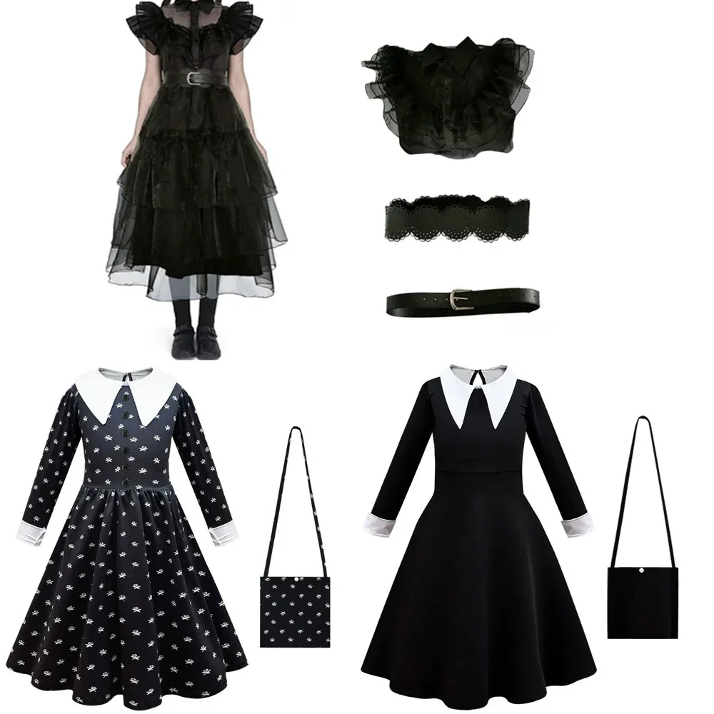 

Addams Wed Cosplay Costume Girls Noble Gothic Black Dress Full Set Children Role Play Dress Suit Halloween Carnival Party