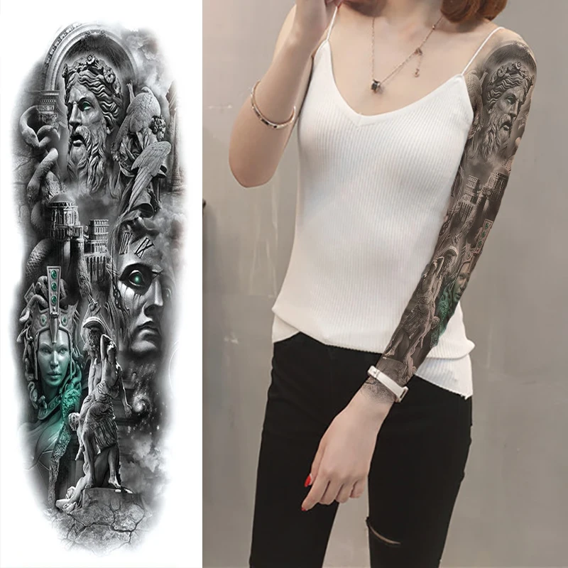 Wodoodporna tymczasowa naklejka tatuaż wilk Demon Eye Roman zegar całe ramię duże fałszywe Tatto Flash tatuaż dla kobiet mężczyzn