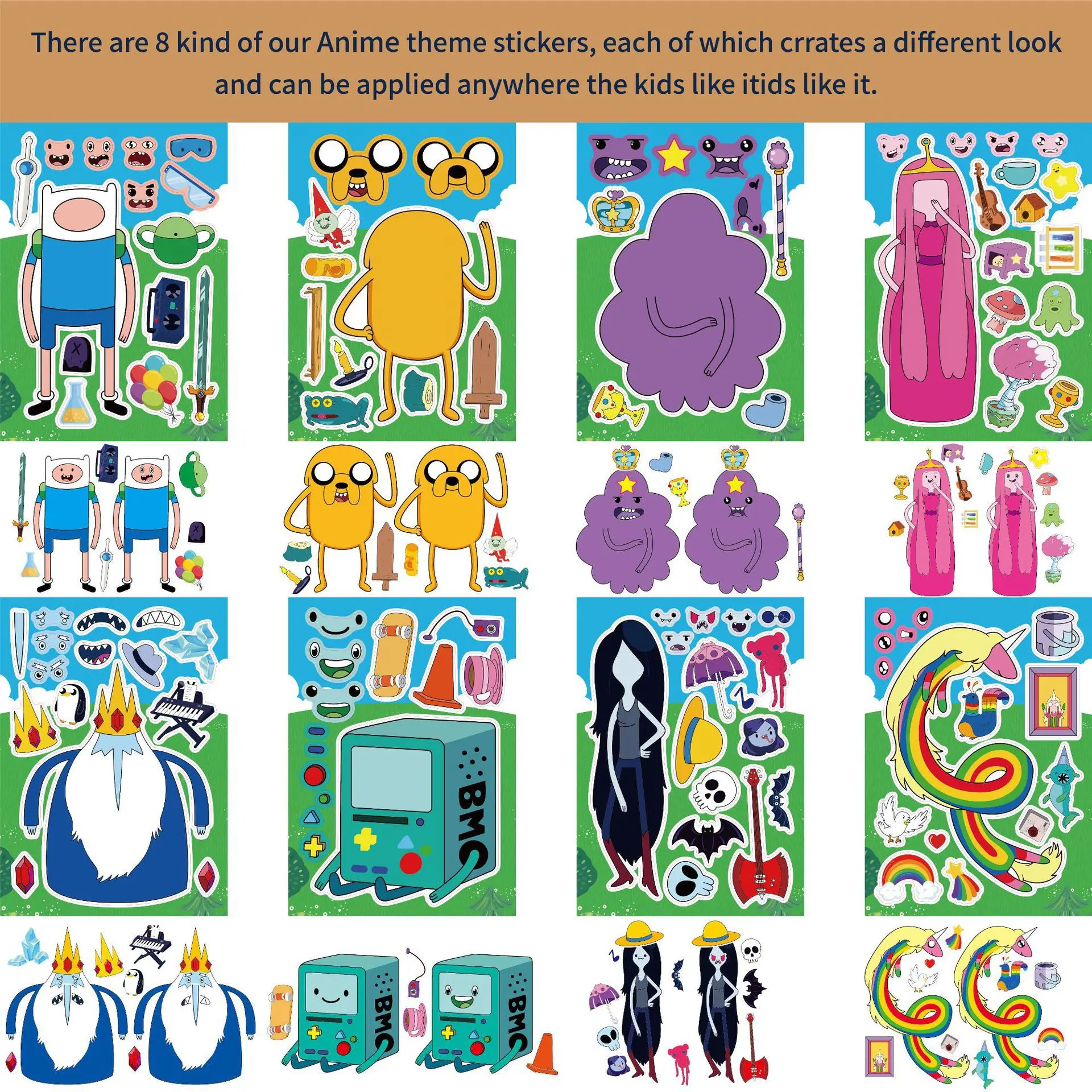 8/16 Lenzuola Adventure Time Puzzle Adesivi Crea un Volto Bambini Cartoon Decalcomanie Giocattoli Assemblare Puzzle Divertenti Giochi di Festa Decorazione Regalo