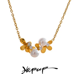 Yhpup Summer Zircon Pearl Flower Collar Necklace Pendant 316L Stainless Steel Chain 18K Gold Color Chic Exclusive Jewelry