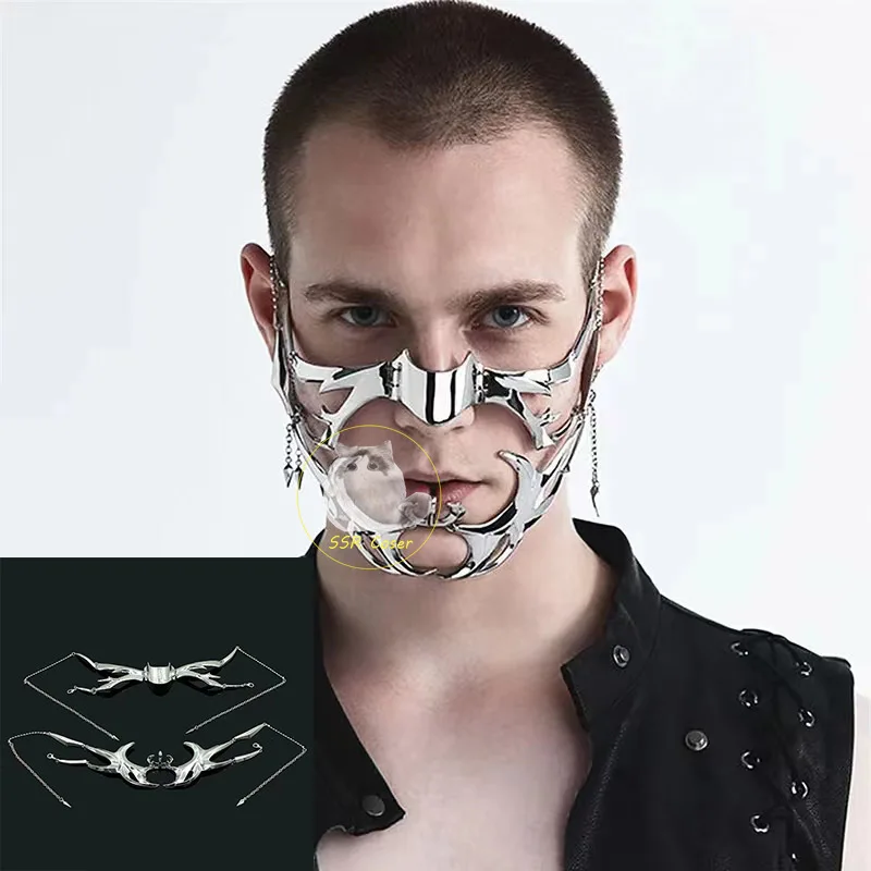 CyberPunk Gothic Cosplay Future Technology Machinery Unisex Gothic Punk Metal Stereoscopic Face Nose Ornament Mask Jewelry Props