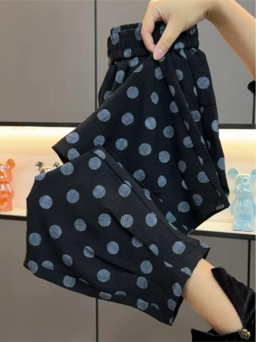 High Waist Cotton Linen Skinny Pants Women Summer Thin Polka Dot Slimming Concealing High Waist Cuffed Lantern Pants