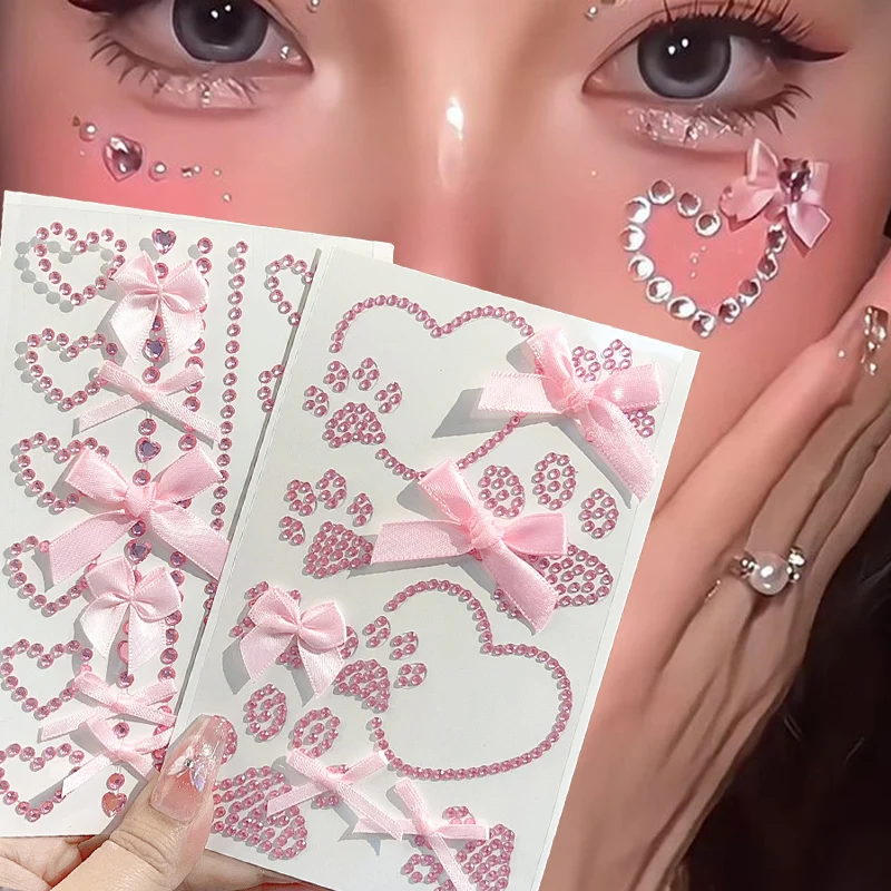 

1/6pcs Pink Ribbon Bow Sparkly Crafts Face Jewelry Crystal Diamond Tattoo Stickers Sweet Self Adhesive Hearts Body Arts Party
