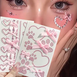 1/6pcs Pink Ribbon Bow Sparkly Crafts Face Jewelry Crystal Diamond Tattoo Stickers Sweet Self Adhesive Hearts Body Arts Party