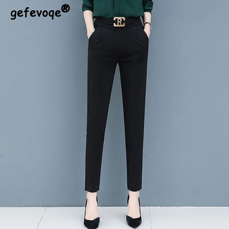 Women's Clothing Spring Summer Korean Fashion Elegant Suit Pants Casual Office Lady Black Elastic High Waist Trousers Pantalones