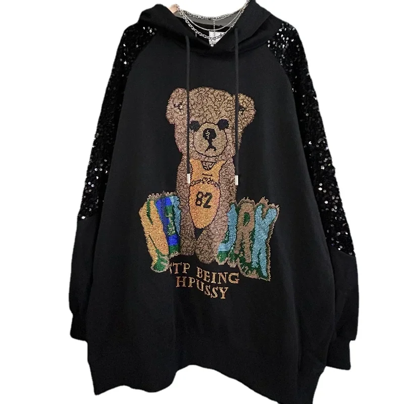 Fashion Cartoon Bear Rhinestone Hooded Sweatshirts Women 2023 Spring Autumn Korean Style Loose Sequins Long Sleeve Trendy Jacket