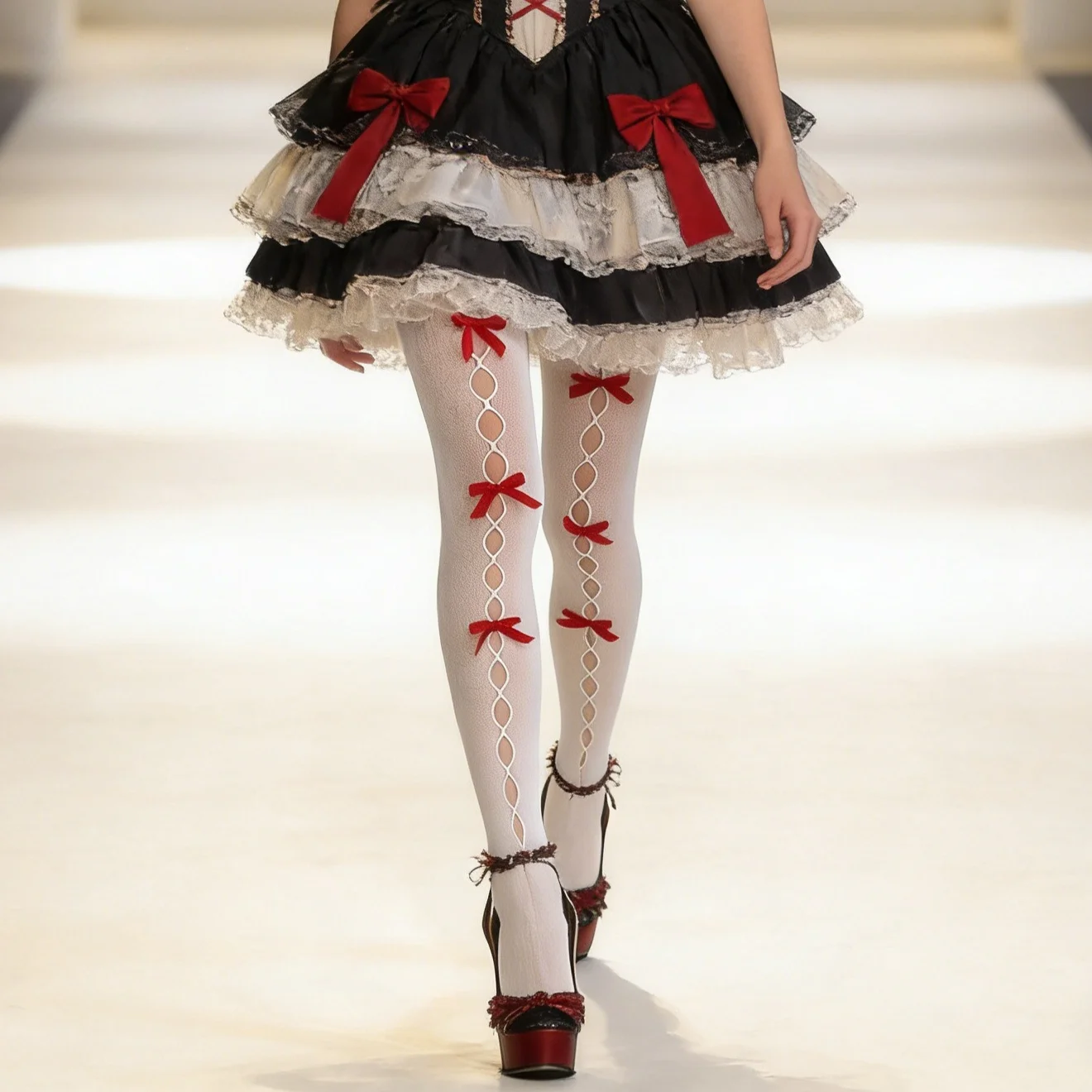 

Lovely Lolita Bodystockings Vintage Handmade Bowknot Tights Women's High Waisted Pantyhose Black White Long Socks medias mujer