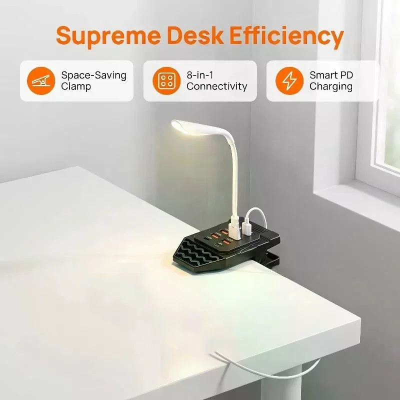 Clamp-Mounted USB Splitter 6 USB-A + 2 Type-C Ports USB-A Input with Independent Data Channel, Desk Clamp Power & Data Hub