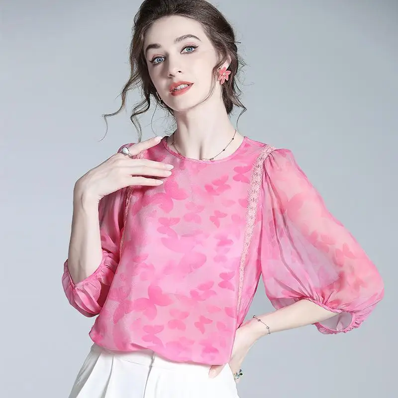 Blusa solta de chiffon feminina, cor rosa, camisa casual, elegante top de escritório, moda luxuosa, verão