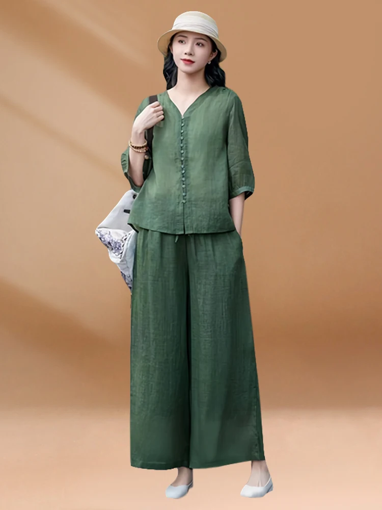 

Summer New Midlife Mom Set Women's Wide Leg Pants Style Retro Cotton Linen plus Size Short Sleeve Shirt Two Piece Suit V Neck...