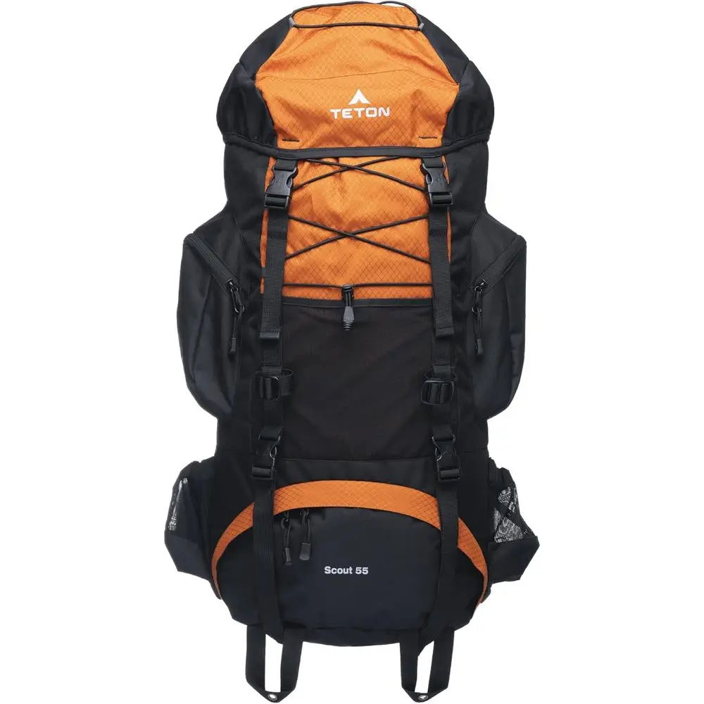 

55L Internal Frame Backpack for Hiking, Camping, and Travel with Rain Cover, Burnt Orange