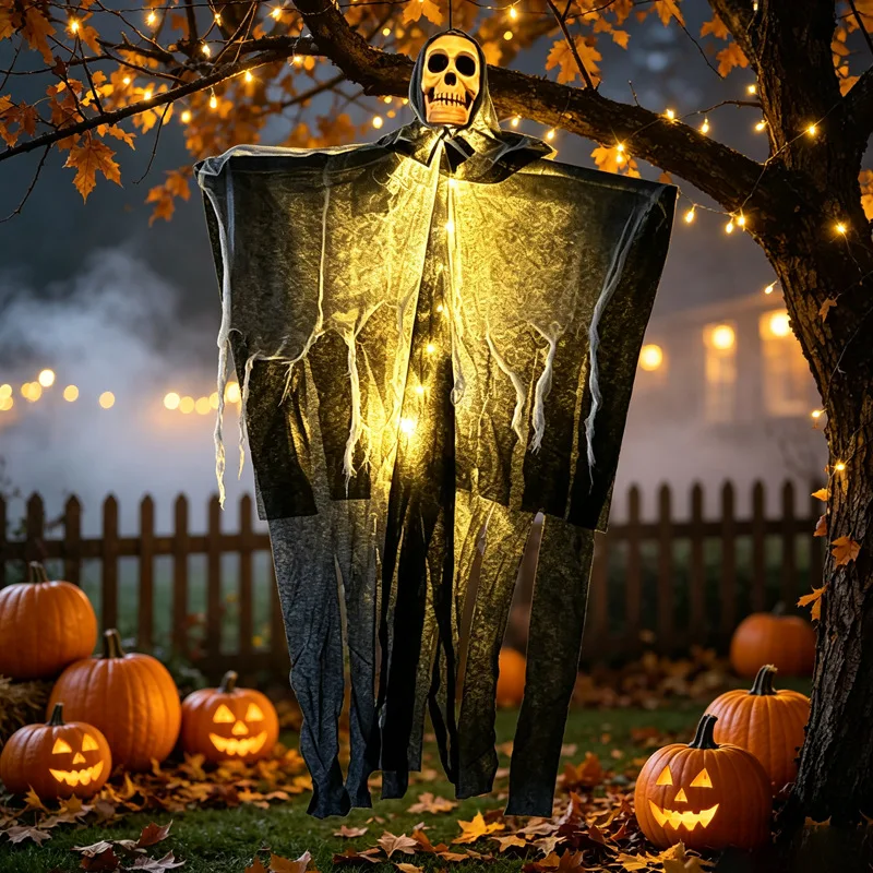Halloween LED Hanging Ghost Skeleton Decorations, Glowing Grim Reaper Skull Ornaments, Spooky Flying Ghost Lights for Home