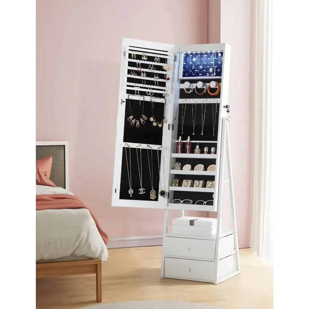 

Jewelry Cabinet Armoire with 2 Drawers, Lockable Standing Jewelry Mirror Cabinet, Full Length Mirror with Jewelry Storage