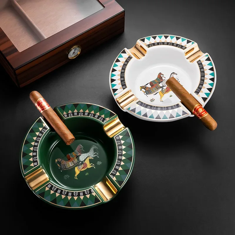 Luxury Ceramic Ashtray for Cigars, Plaid Pattern with Cigar Rest, Portable Ornament for Living Room Office Club, Male Gift Idea