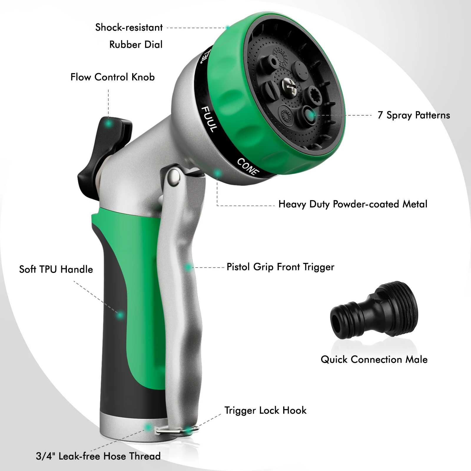 Garden Hose Nozzle Anti-Slip Grip 7 Spray Mode Adjustable Water Gun for Watering Flower Washing Car Bathing Pet&Outdoor Cleaning