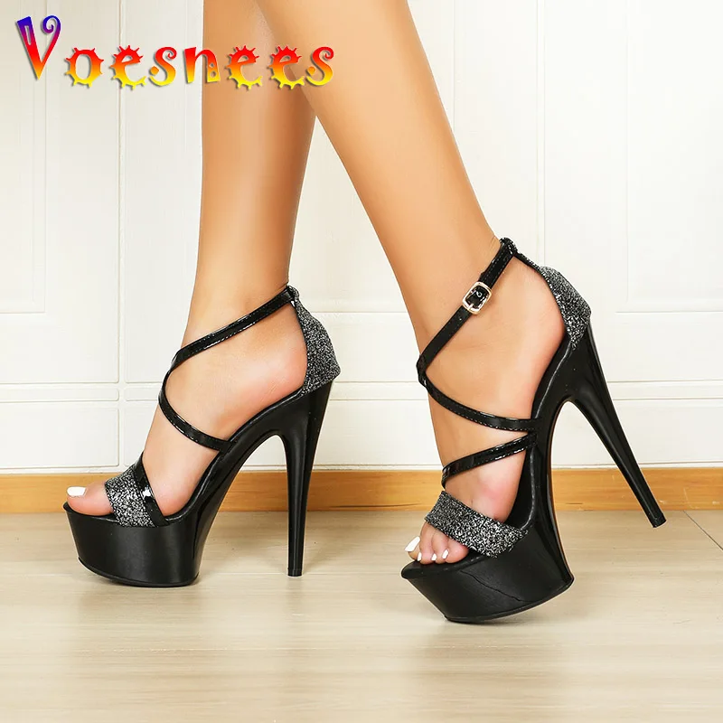 2023 New 15CM Platform High Heels Fashion Women\'s Sequin Sandals Sexy Ankle Strap Party Dress Shoes Summer Black Stilettos Pumps