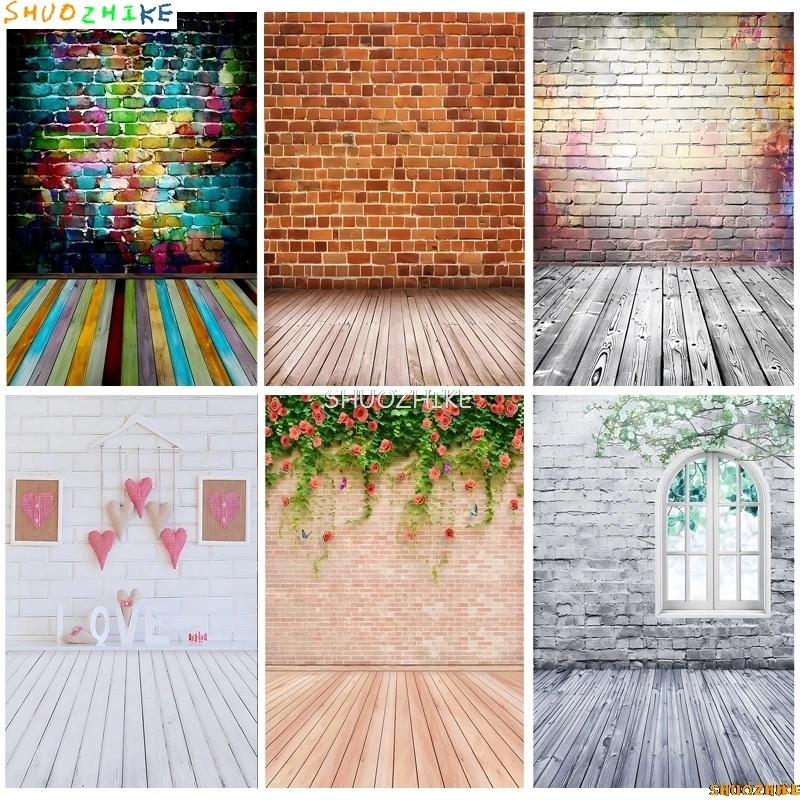 

SHUOZHIKE Brick Wall And Wooden Floor Theme Photography Backdrops Props Portrait Children Home Photo Studio Background QY-81