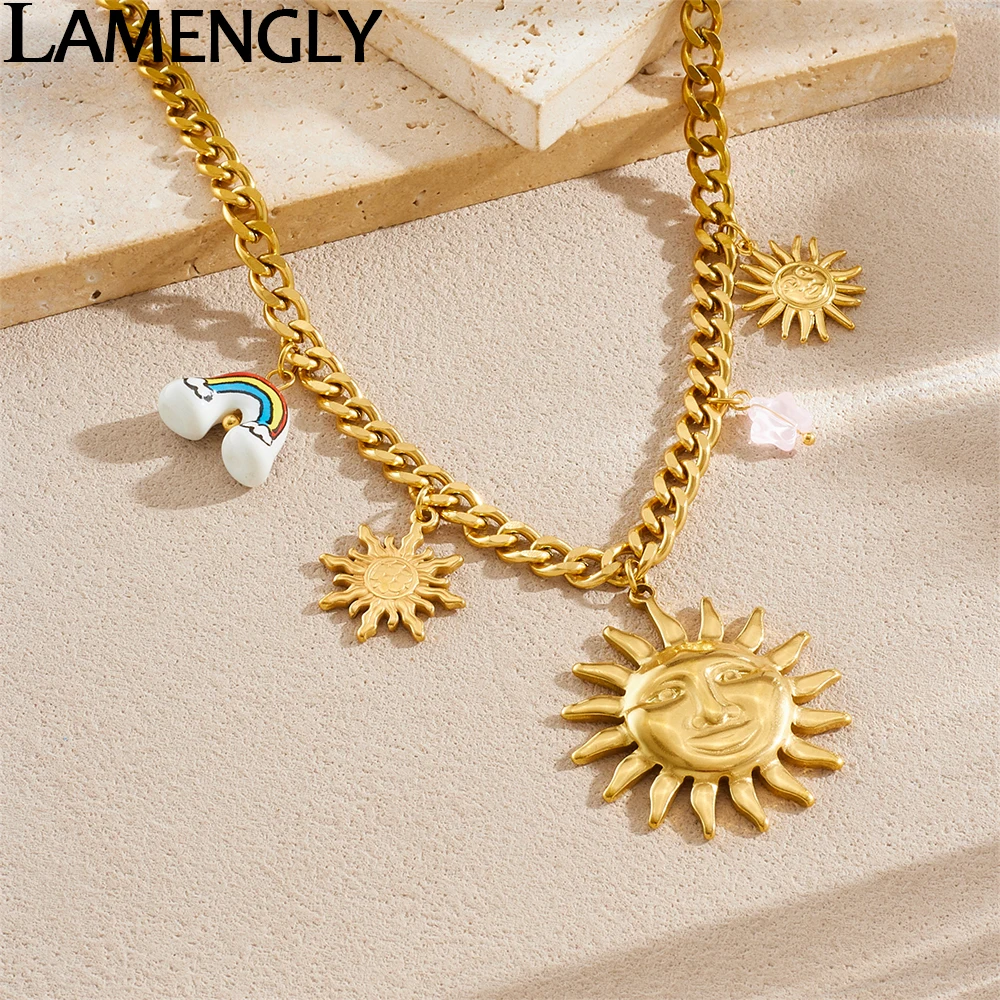 

LAMENGLY 316L Stainless Steel Exaggerated Face Sun Rainbow Pendant Necklace Women Personal Geometric Neck Chain Party Gifts