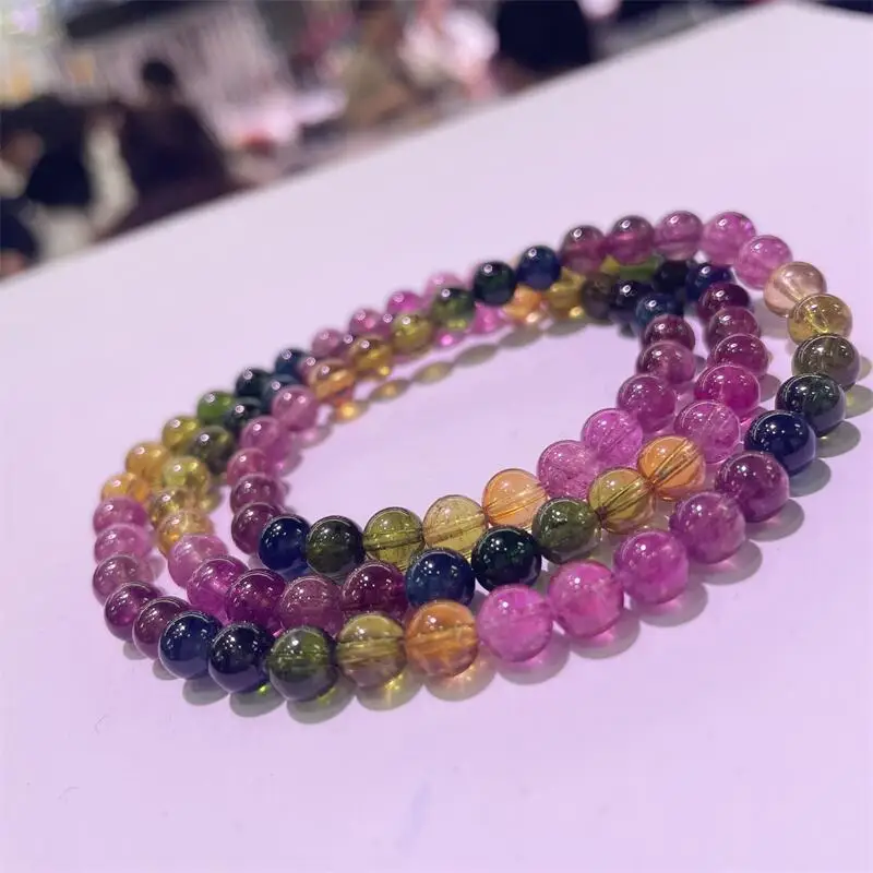 6.5MM Natural Colored Tourmaline Triple Circle Bracelet Healing Gemstone Crystal Strand Bangles Lovers Jewelry Gift 1PCS